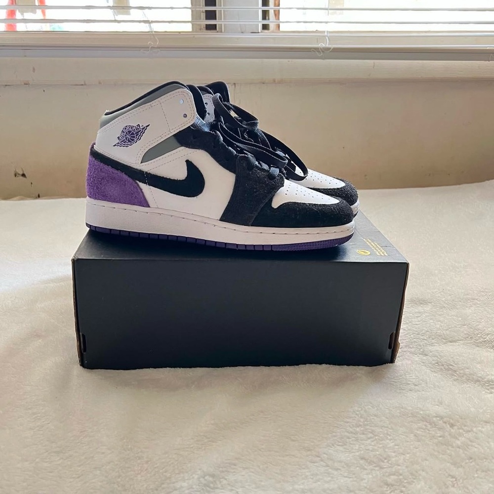 Nike Air Jordan 1 Mid Black White Purple Shoes